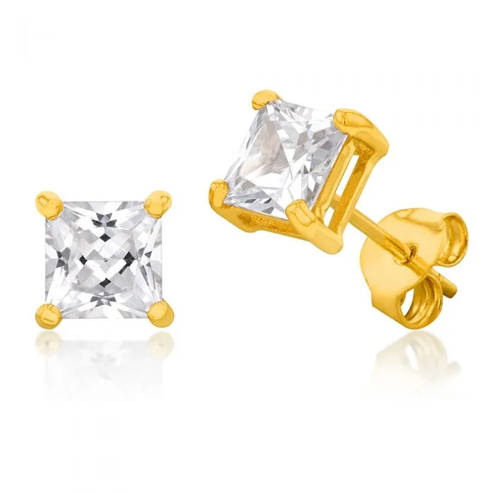 Handcrafted Gold Drop Earrings for Brides-9ct Yellow Gold Princess Cut Cubic Zirconia 5mm Stud Earrings