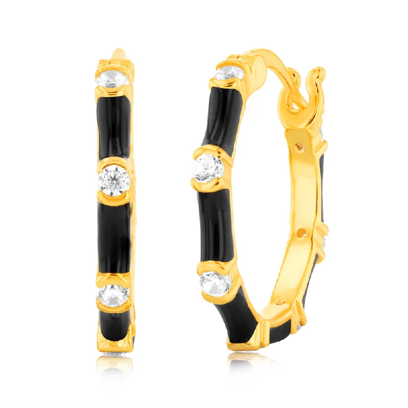 Luxury Silver Earrings for Special Occasions-Sterling Silver Gold Plated Black Enamel And Zirconia 20mm Hoop Earrings