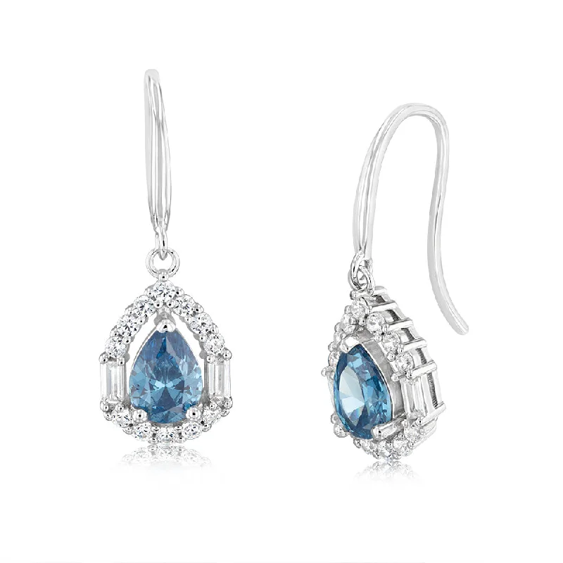 Fashionable Drop Earrings for Women-Sterling Silver Rhodium Plated White And Sapphire Cubic Zirconia Pear Shaped Drop Earrings