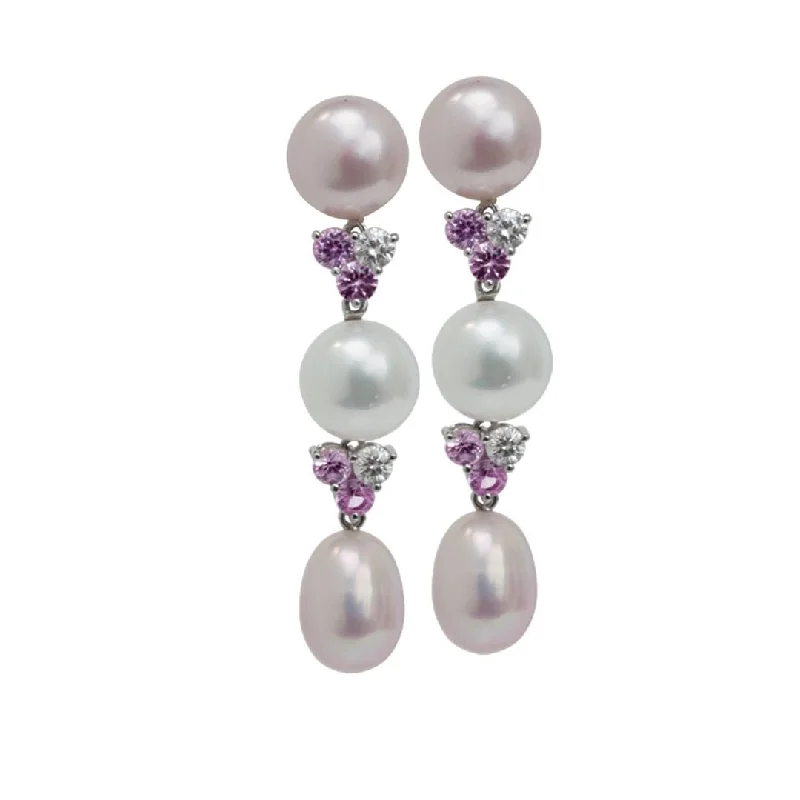 Customizable Drop Earrings-Pink and White Cultured Pearl, Sapphire and Diamond Earrings