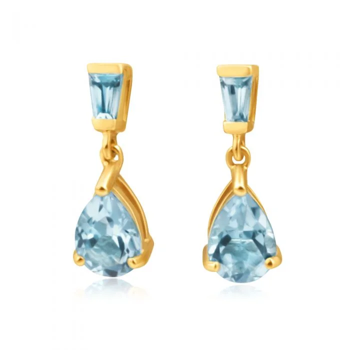 Simple Gold Earrings for Brides-9ct Yellow Gold Blue Topaz Drop Earrings