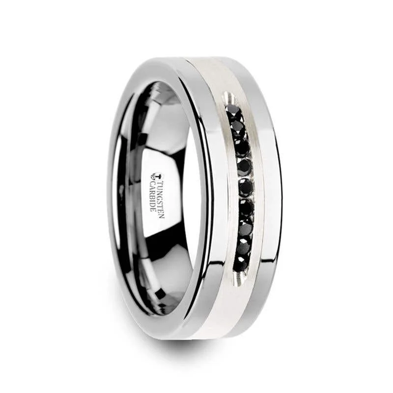 Unique Sapphire Ring for Engagement-Thorsten BLACKSTONE Flat Tungsten Wedding Band with Brushed Silver Inlay Center and 9 Channel Set Black Diamonds - 8mm