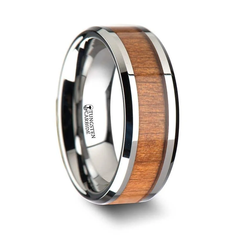 Simple Custom Wedding Ring with Name and Date-Thorsten BRUNSWICK Tungsten Wedding Ring with Polished Bevels and American Cherry Wood Inlay - 6mm - 10mm