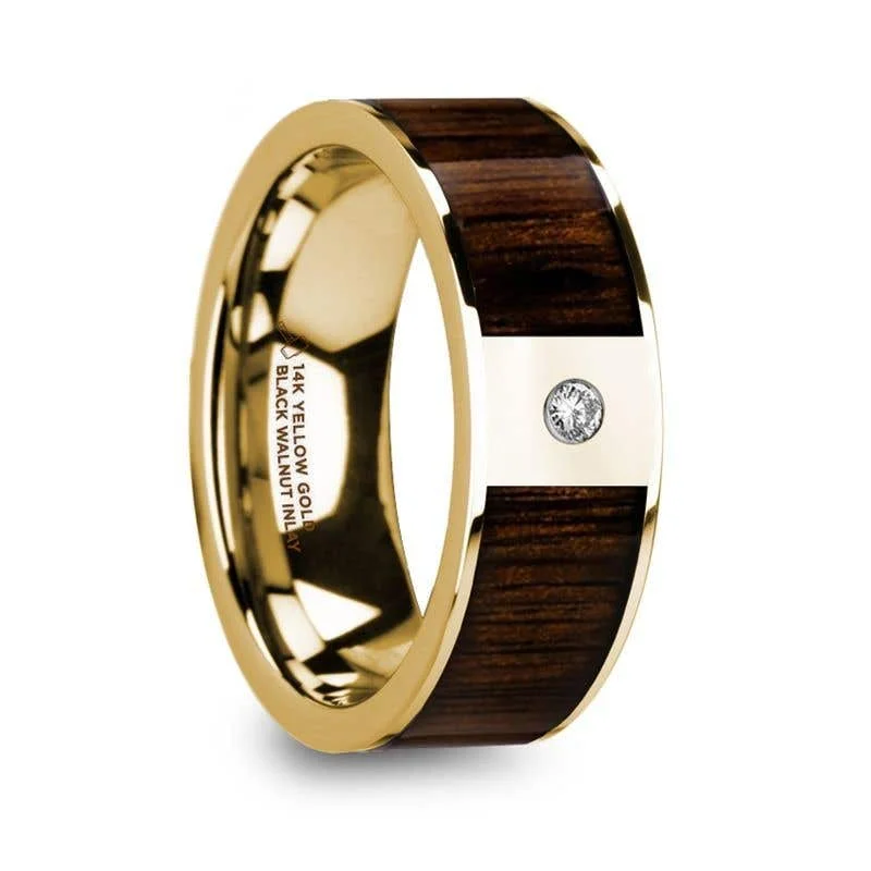 Simple Platinum Wedding Band with Engraved Date-Thorsten PANTHERAS 14k Yellow Gold Men’s Wedding Band with Black Walnut Wood Inlay & Diamond - 8mm