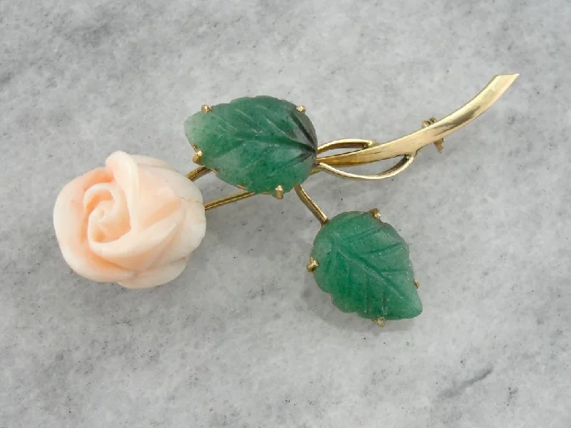 Brooch For Elegant Dresses-A Rose of Angels Skin: Vintage Coral and Aventurine Brooch in Gold