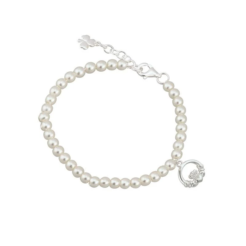 Trendy Silver Bracelet with Adjustable Design-Communion Pearl Claddagh Bracelet