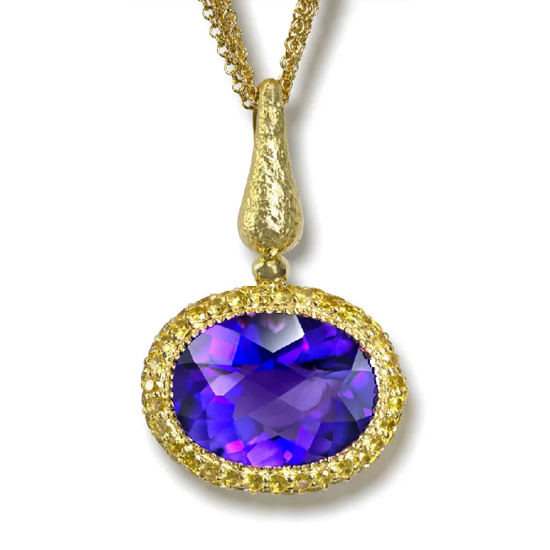 Personalized Family Tree Necklace for Mom-Gold Cocktail Pendant with Amethyst, Sapphires On Chain