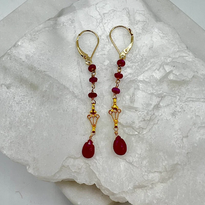 Minimalist Gold Earrings for Brides-Golden Ruby  Drop Earrings