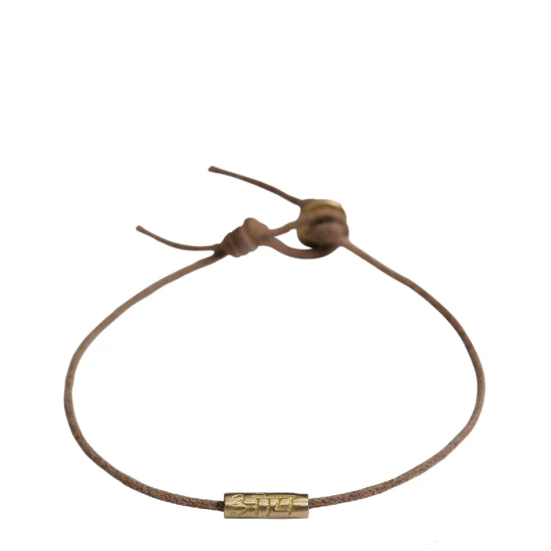 Classic Gold Bracelet with Geometric Charms-10K Gold Om Tube Bracelet on Natural Cord