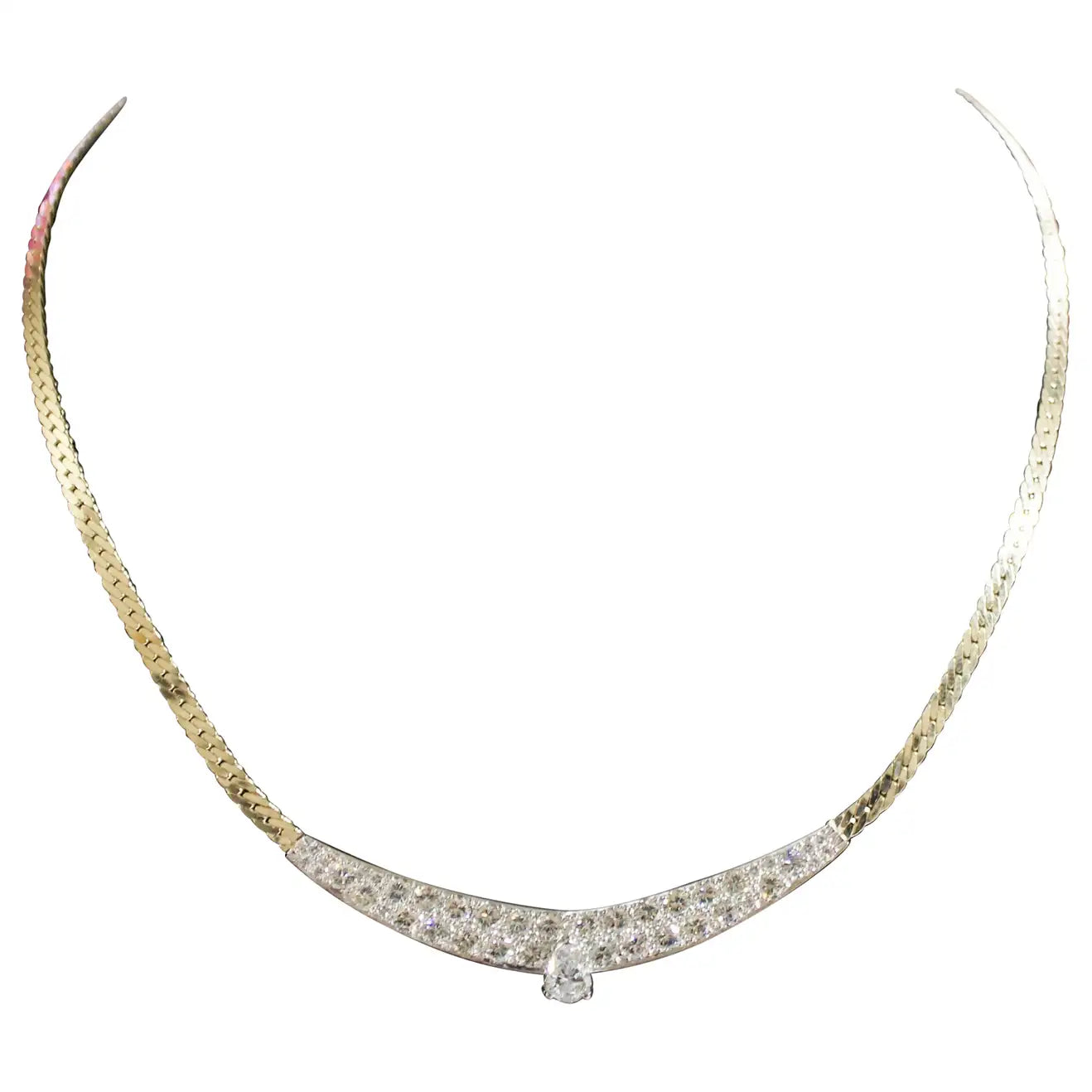 Fashionable Beaded Necklace with Mixed Stones-Classic Diamond Necklace in White and Yellow Gold Circa 1960's