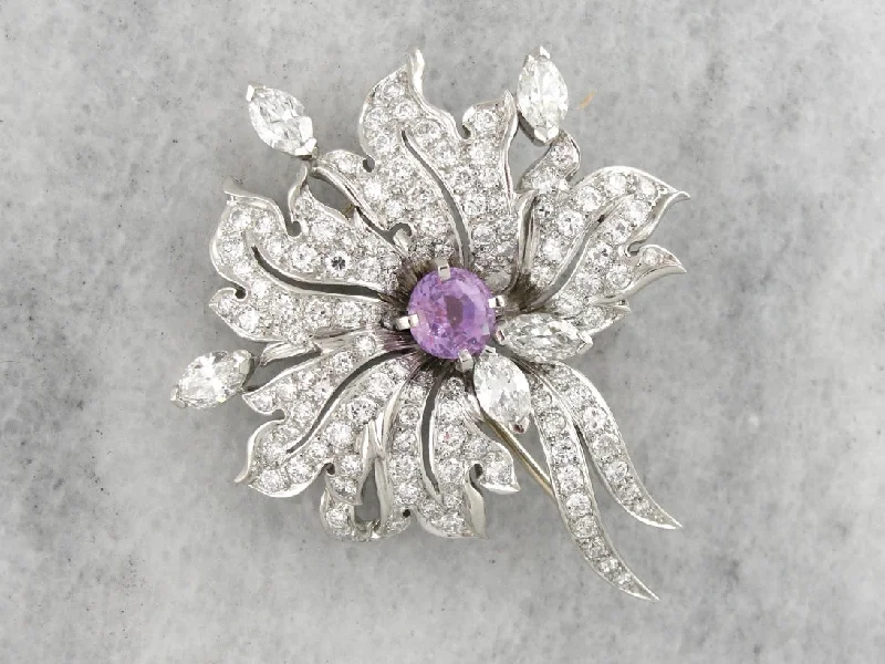 Modern Brooch For Summer Fashion-Spectacular Pink Sapphire and Diamond Retro Era Platinum Brooch