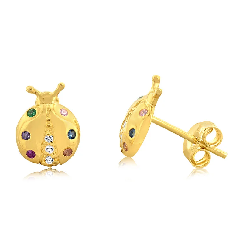 Simple Gemstone Earrings for Work-Sterling Silver Gold Plated Lady Bug Multicolour Cubic Zirconia Stud Earrings