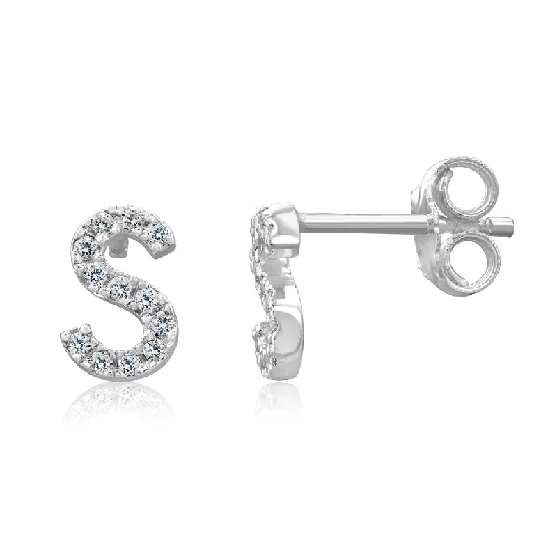 Boho Earrings with Feathers-Sterling Silver Cubic Zirconia Initial "S" Stud Earrings