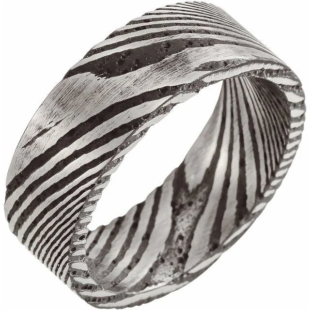 Designer Silver Ring for Fashion Lovers-Damascus Steel 8 mm Patterned Flat Band