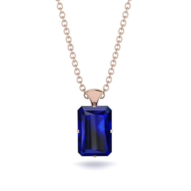 Handcrafted Gemstone Necklace for Boho Style-Hidden Halo Emerald Cut Sapphire Necklace - Vanessa No. 14