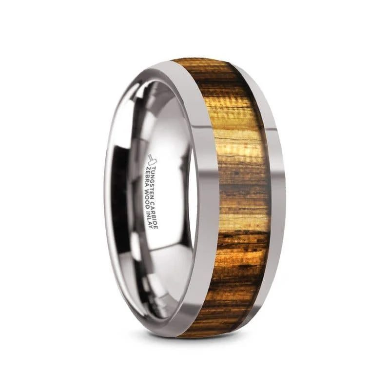 Vintage-style Ruby Ring for Engagement-Thorsten TIGRE Tungsten Carbide Polished Finish Men’s Domed Wedding Band with Zebra Wood Inlay - 8mm