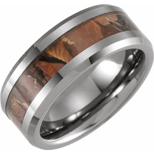 Custom Wedding Ring with Personal Birthstones for Couples-Tungsten 8 mm Beveled-Edge Band with Acacia Wood Inlay