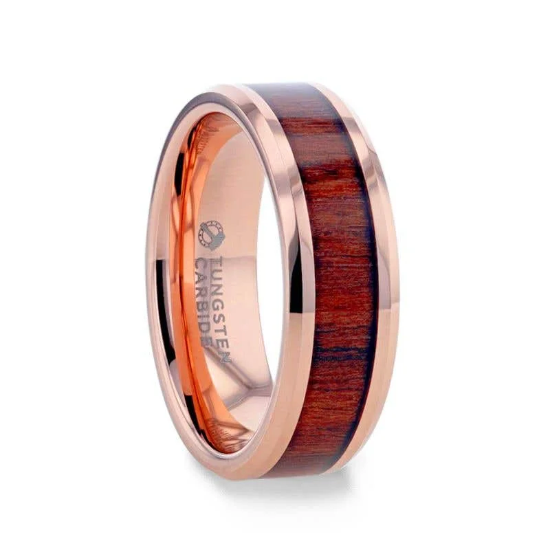 Designer Men’s Engagement Ring with Custom Detail-Thorsten DYLAN Rose Gold Plated Koa Wood Inlaid Tungsten Wedding Band With Beveled Polished Edges - 8mm