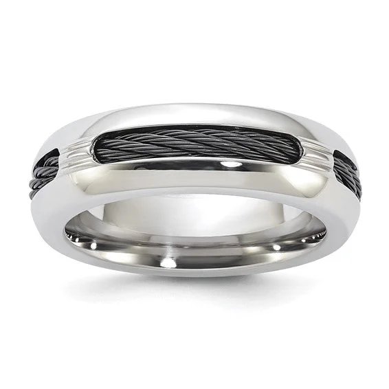 Personalized Couples’ Ring with Custom Design-Edward Mirell Steel & Black Cable 7mm Band