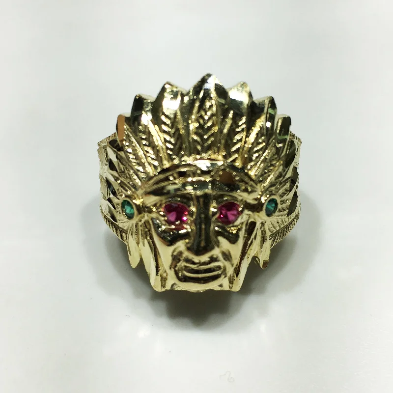 Classic Gold Ring with Sapphire Accent-Indian Head Ring (Gemstone Eyes) 10K