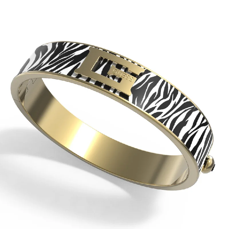 Trendy Gold Bangles with Modern Charm Details-Guess Gold Plated Foulard 12mm Zebra Print Large Bangle