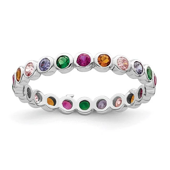 Custom Ring with Name and Birthstone for Mom-Sterling Silver Multi Color Bezel Set Band Ring