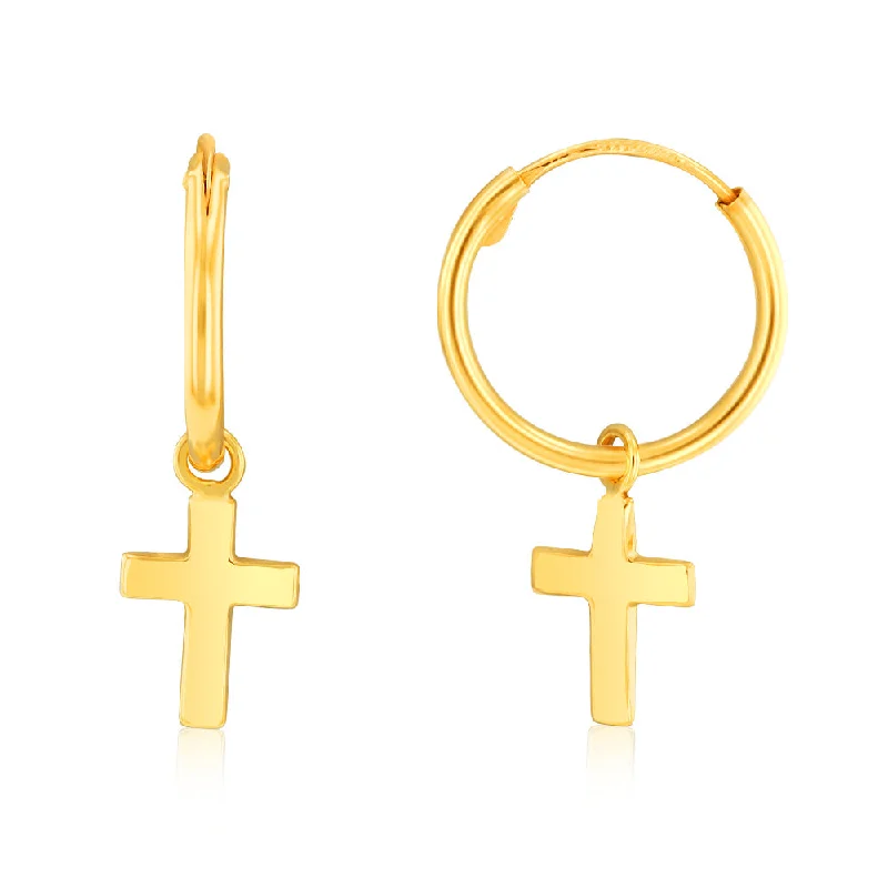 Chunky Gemstone Earrings-9ct Yellow Gold Polished Cross On 12mm Hoop Earrings