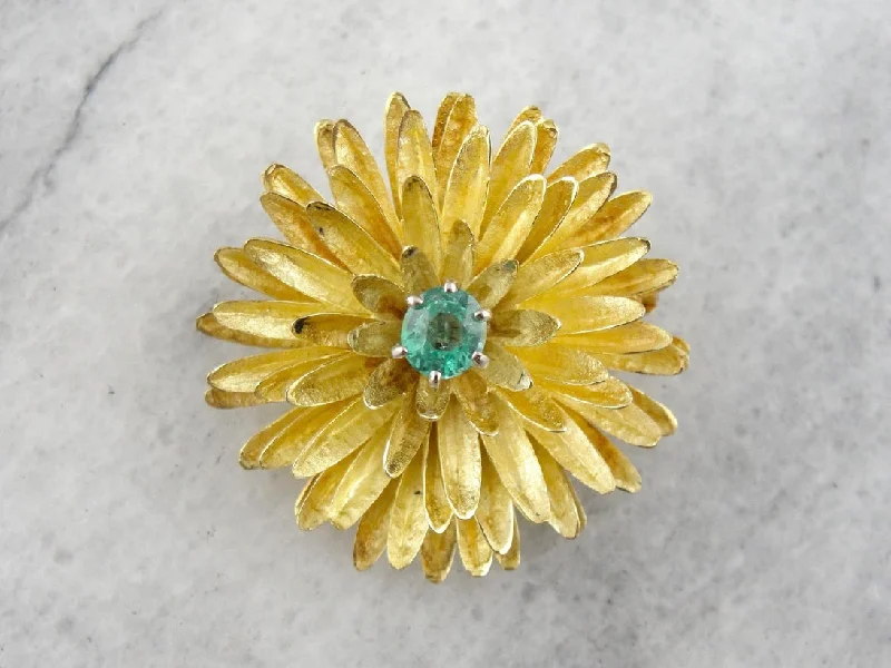 Elegant Butterfly Brooch-Flower Brooch with Bright Emerald Center, Textured High Karat Yellow Gold