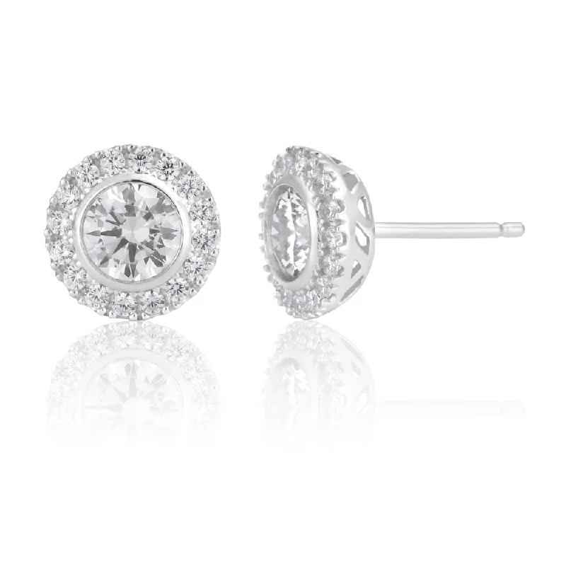 Stylish Geometric Earrings for Fashion-Sterling Silver Round Halo Zirconia Stud Earrings