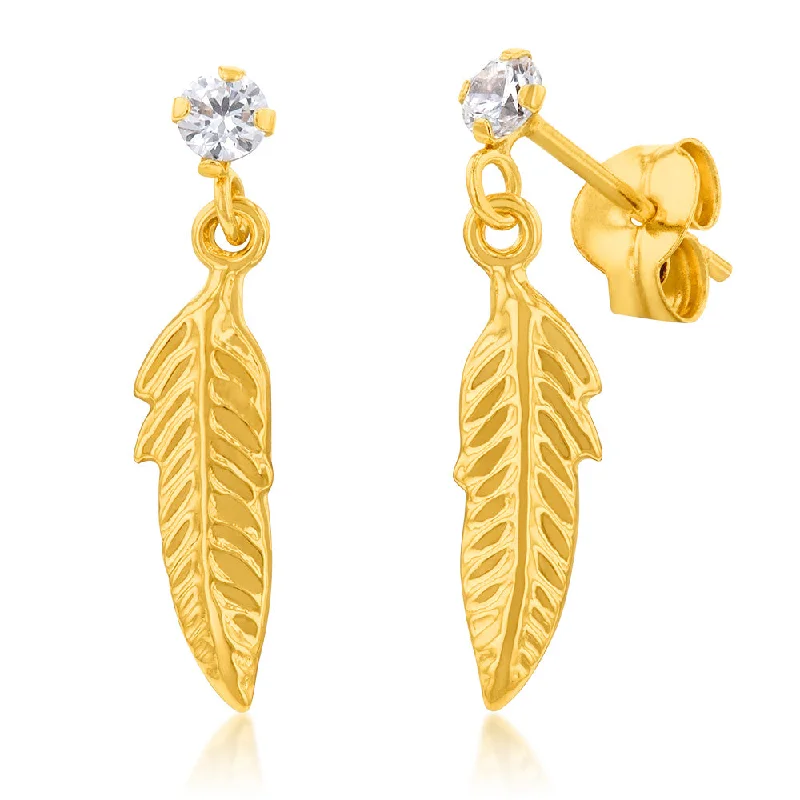 Unique Gold Stud Earrings-9ct Yellow Gold Zirconia Feather Drop Earrings