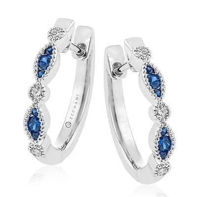 Simple Gold Earrings for Brides-14k White Gold Sapphire & Diamond Small Hoop Earrings by Zeghani