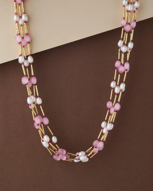 Silver Necklace with Amethyst Pendant-Fashionable Pink & White Pearl Necklace