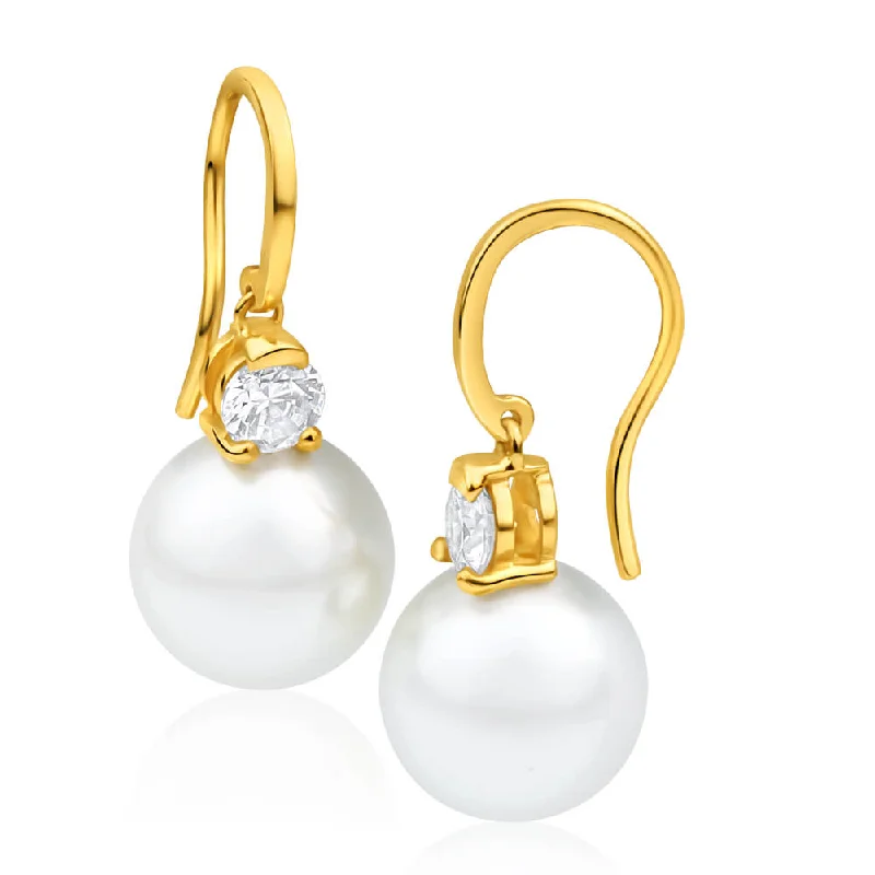 Trendy Earrings for Special Events-9ct Charming Yellow Gold 10mm Simulated Pearl and Cubic Zirconia Drop Earrings