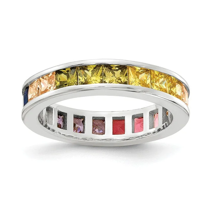 Simple Gold Wedding Band with Custom Text-Sterling Silver Multi Color Rainbow Princess Square Channel Set CZ Eternity Band Ring