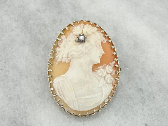 Vintage Brooch With Pearls-Antique Art Deco Cameo Brooch or Pendant with Diamond