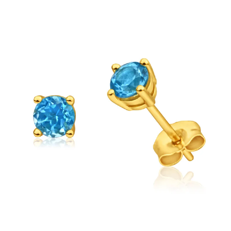 Custom Gold Earrings for Bridesmaids-9ct Yellow Gold Blue Topaz Stud Earrings