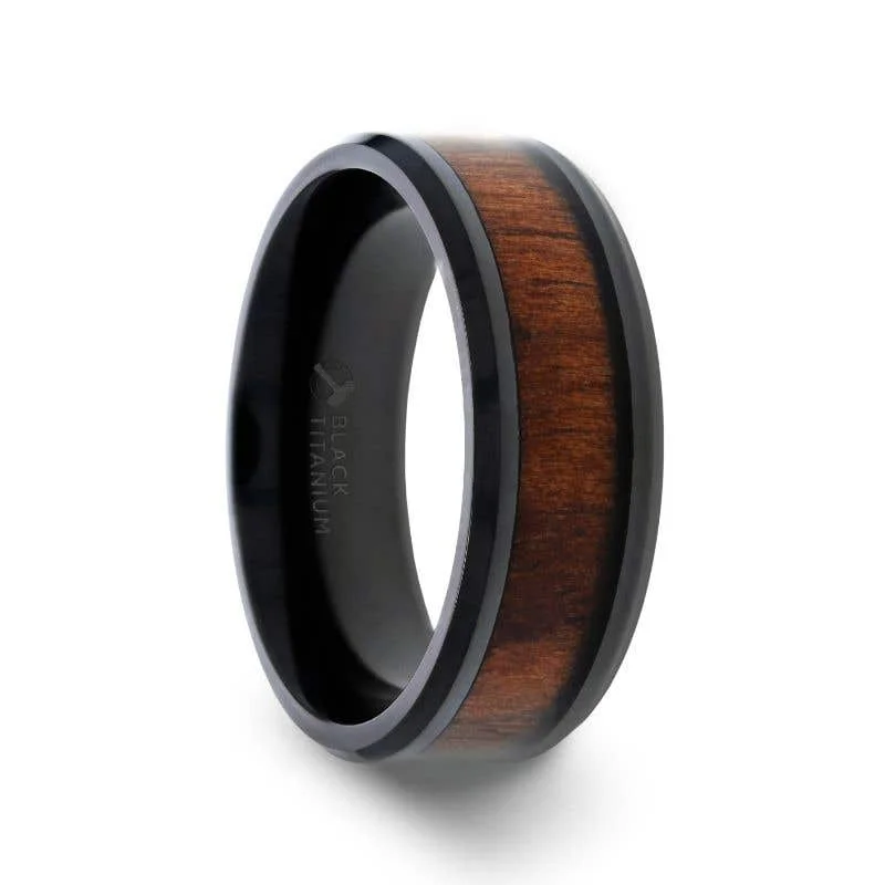 Classic Solitaire Engagement Ring with Round Sapphire-Thorsten KONY Black Titanium Polished Beveled Edges Black Walnut Wood Inlaid Men’s Wedding Ring - 6mm & 8mm