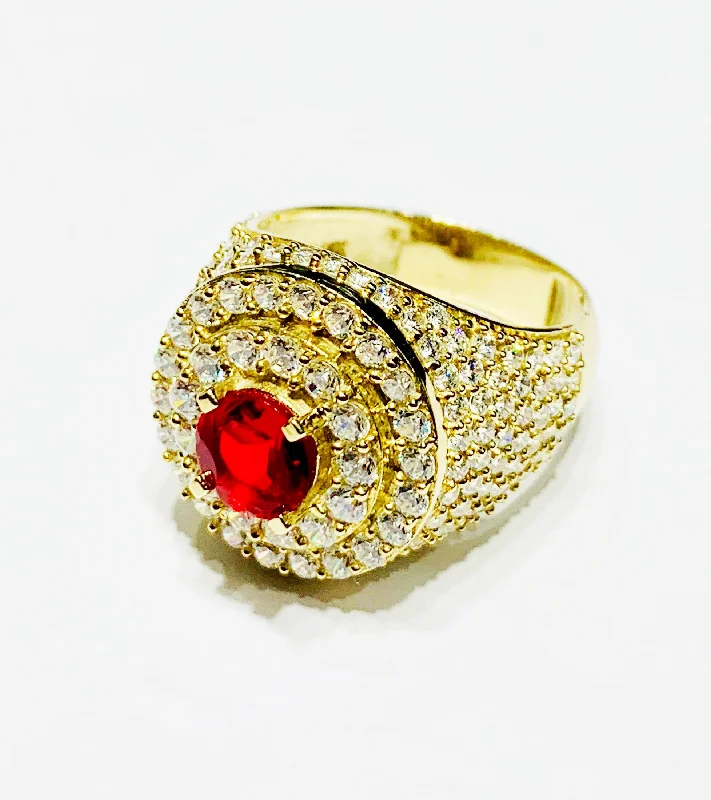 Trendy Gemstone Band Ring with Multiple Stones-Red stone Ring CZ (10K).