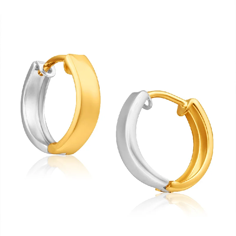 Silver Earrings with Gemstone Inlays-9ct Yellow Gold & White Gold Huggie Hoop Earrings