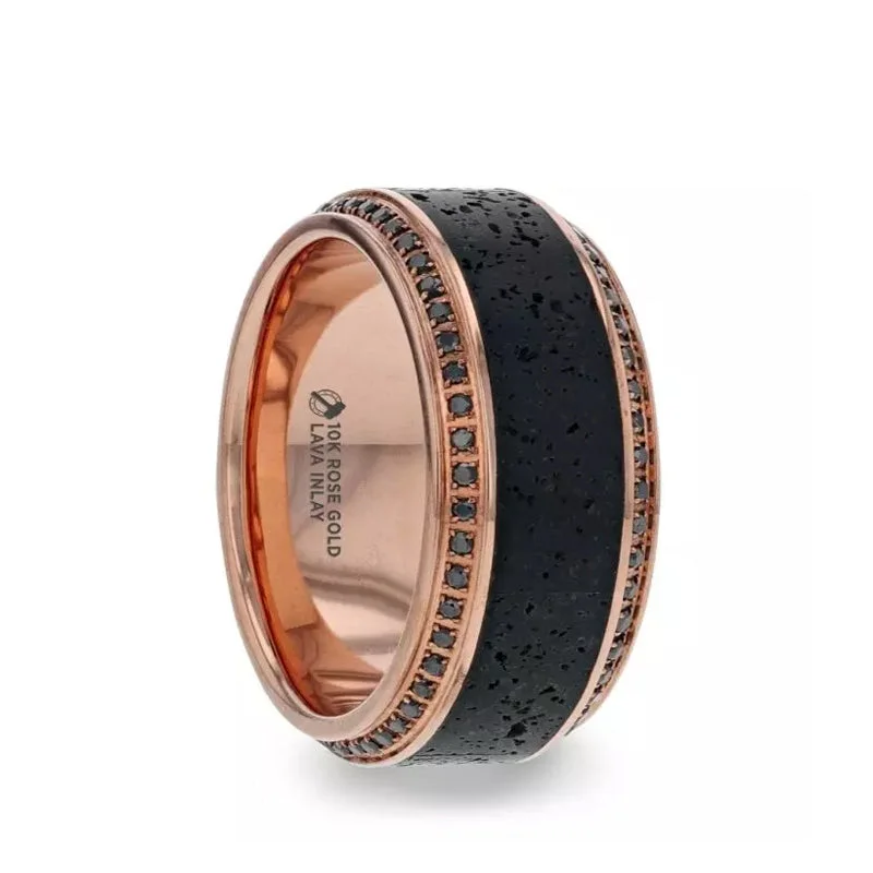 Designer Men’s Engagement Ring with Custom Detail-Thorsten HYPERIA Lava Inlaid 10K Rose Gold Wedding Ring Polished Beveled Edges Set with Round Black Diamonds - 10mm