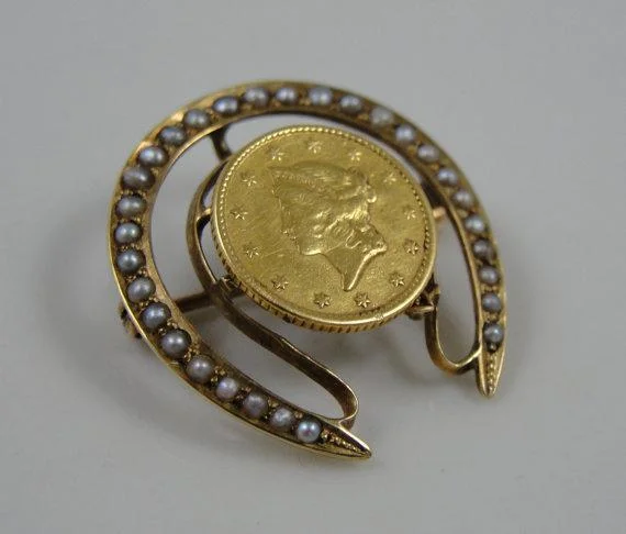 Gold Brooch For Elegant Dresses-Good Luck Coin Pearl Horseshoe Brooch