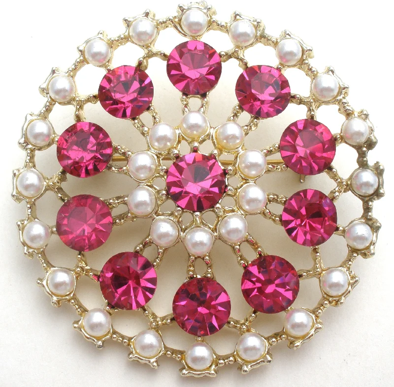 Vintage Brooch For Special Events-Fuchsia Pink & Pearl Brooch Pin Vintage