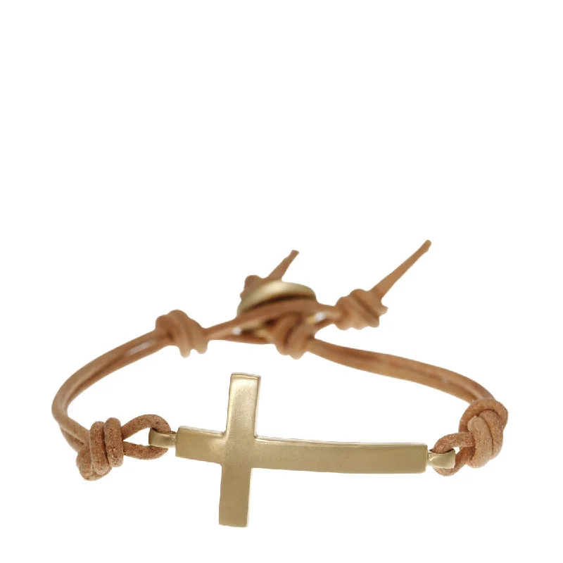 Classic Gold Bracelet with Custom Birthstones-10K Gold Cross Bracelet on Natural Leather