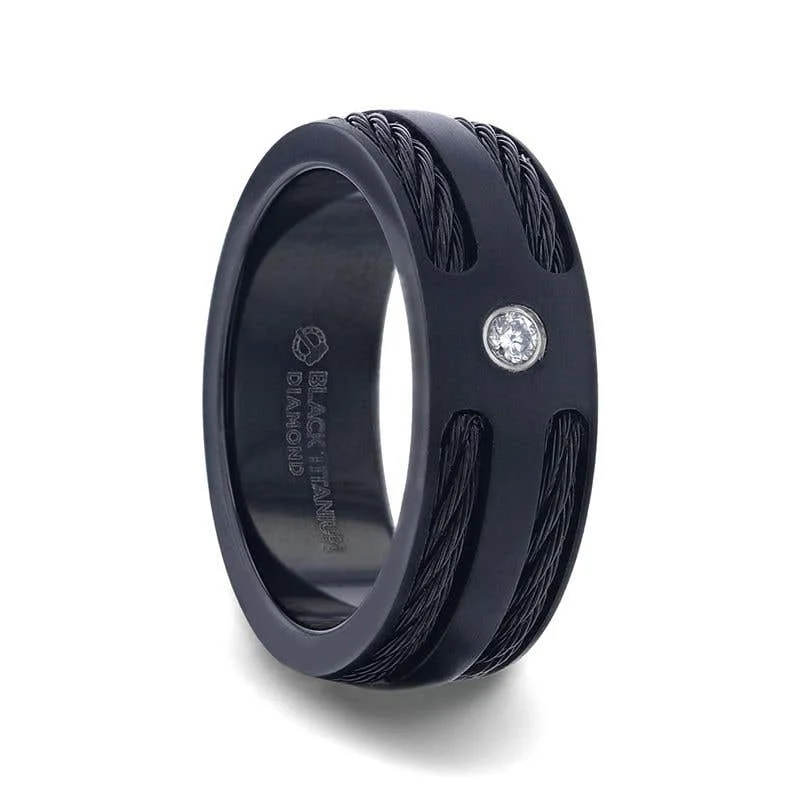 Elegant Sapphire Wedding Ring Set for Engagement-Thorsten NOIR Double Black Rope Inlaid Brushed Matte Black Titanium Men's Wedding Band With Black Edge Channel Setting And White Diamond In The Center - 8mm