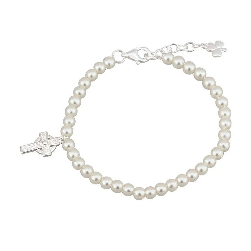 Simple Silver Bracelet with Birthstone Accent-Communion Pearl Cross Bracelet