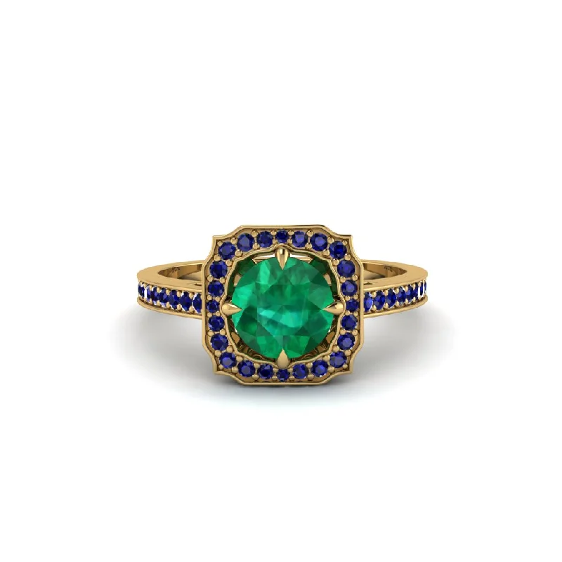 Custom Men’s Ring with Birthstone and Engraving-Emerald Cathedral Halo Engagement Ring - Luciana No. 64