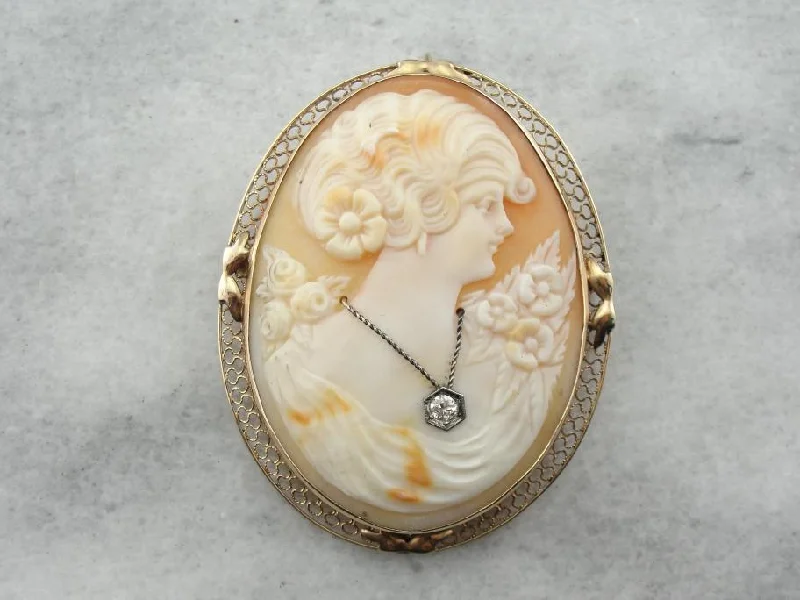 Brooch For Evening Coats-Antique Shell Cameo and Diamond Brooch or Pendant in Gold Frame