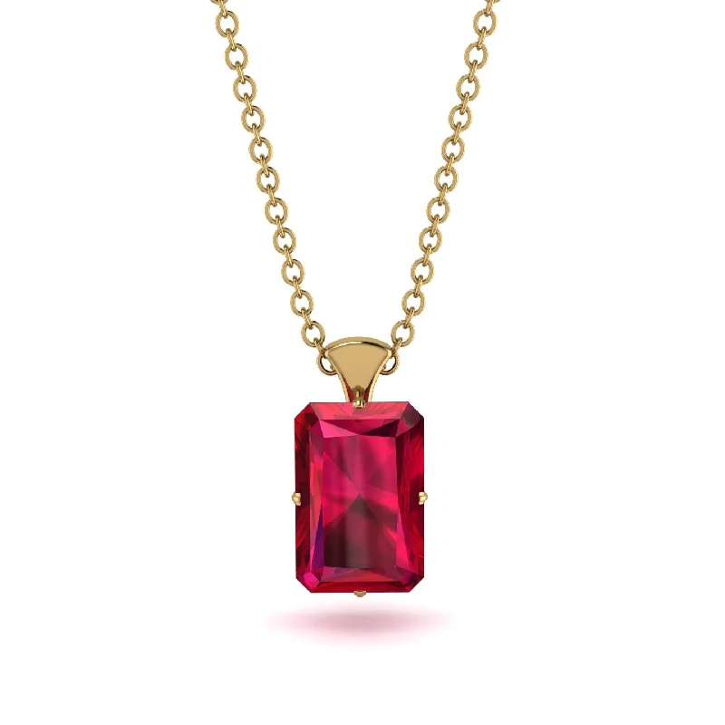 Classic Pendant Necklace with Diamond Accents-Hidden Halo Emerald Cut Ruby Necklace - Vanessa No. 55