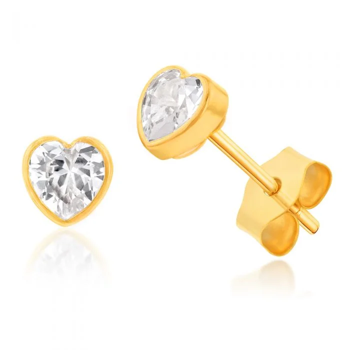 Silver Earrings with Birthstones-9ct Yellow Gold Bezel Set Heart Shape Cubic Zirconia Stud Earrings