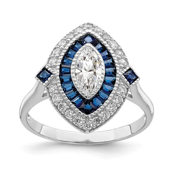 Designer Men’s Ring with Unique Stone Inlay-Sterling Silver Created Blue Spinel And CZ Marquise Halo Ring